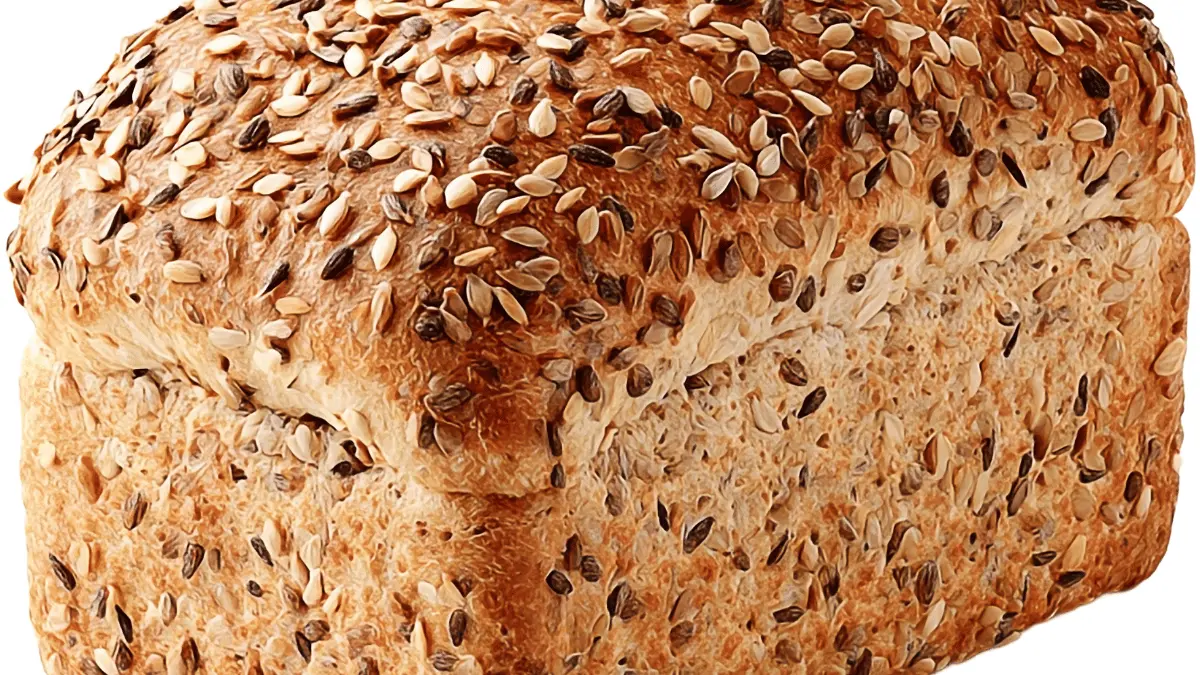 Een heel brood van meergranenbrood, bedekt met verschillende zaden zoals lijnzaad en sesam, met een rodegierst, goudbruine korst.