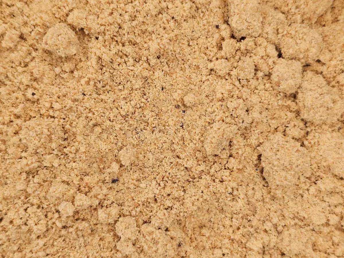 A close-up of coarse Whole Ground Oriental Mustard, showing its granular texture and rich color.