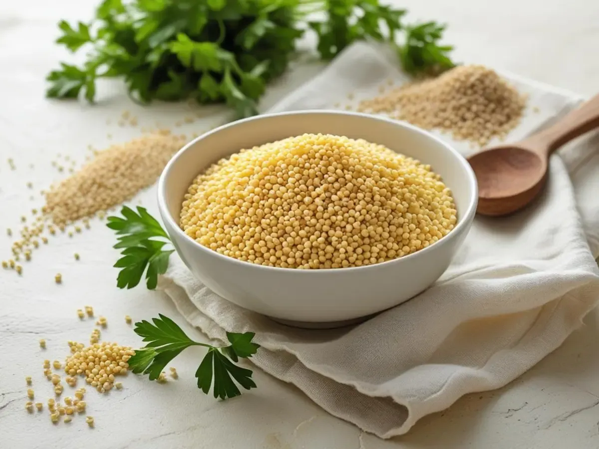 A white bowl filled with high-purity hulled millet, with unhulled millet and a wooden spoon in the background.
