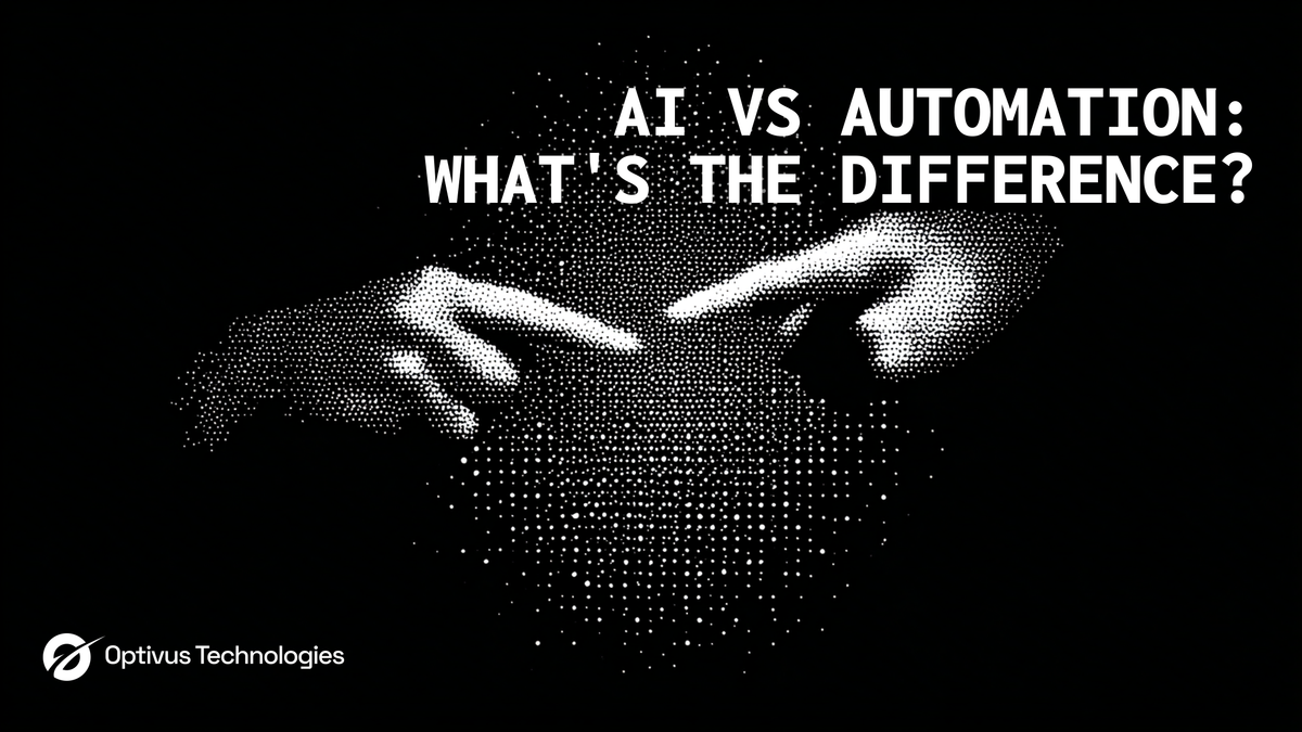 AI vs Automation: What's the Difference?: Two hands reaching toward each other, in dot art.