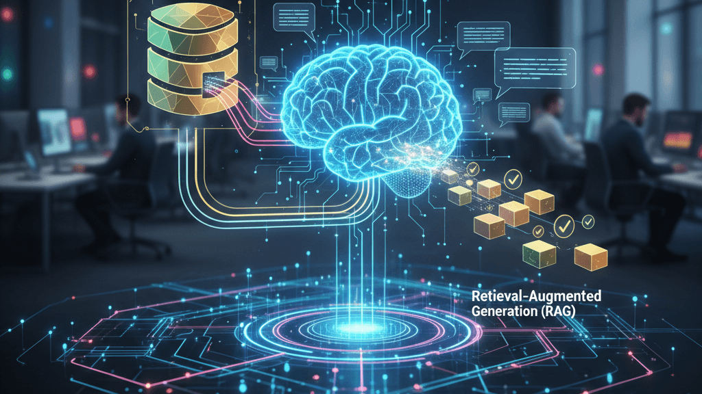 Server room with a brain hologram illustrating Retrieval-Augmented Generation for LLMs