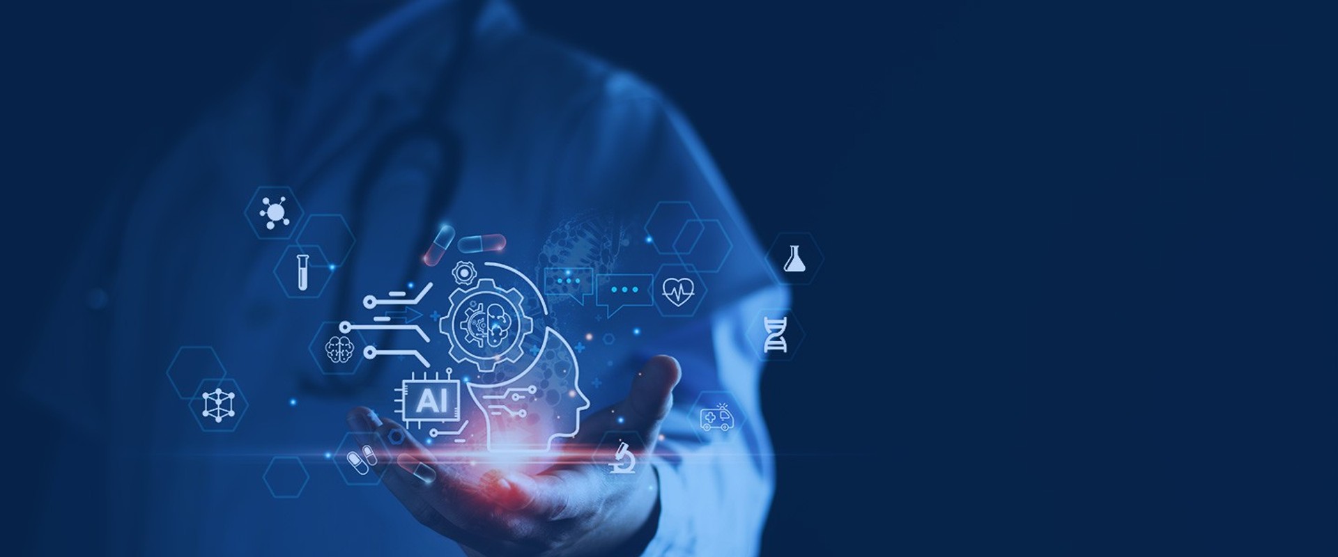 Doctor holding a glowing AI healthcare icon with medical symbols