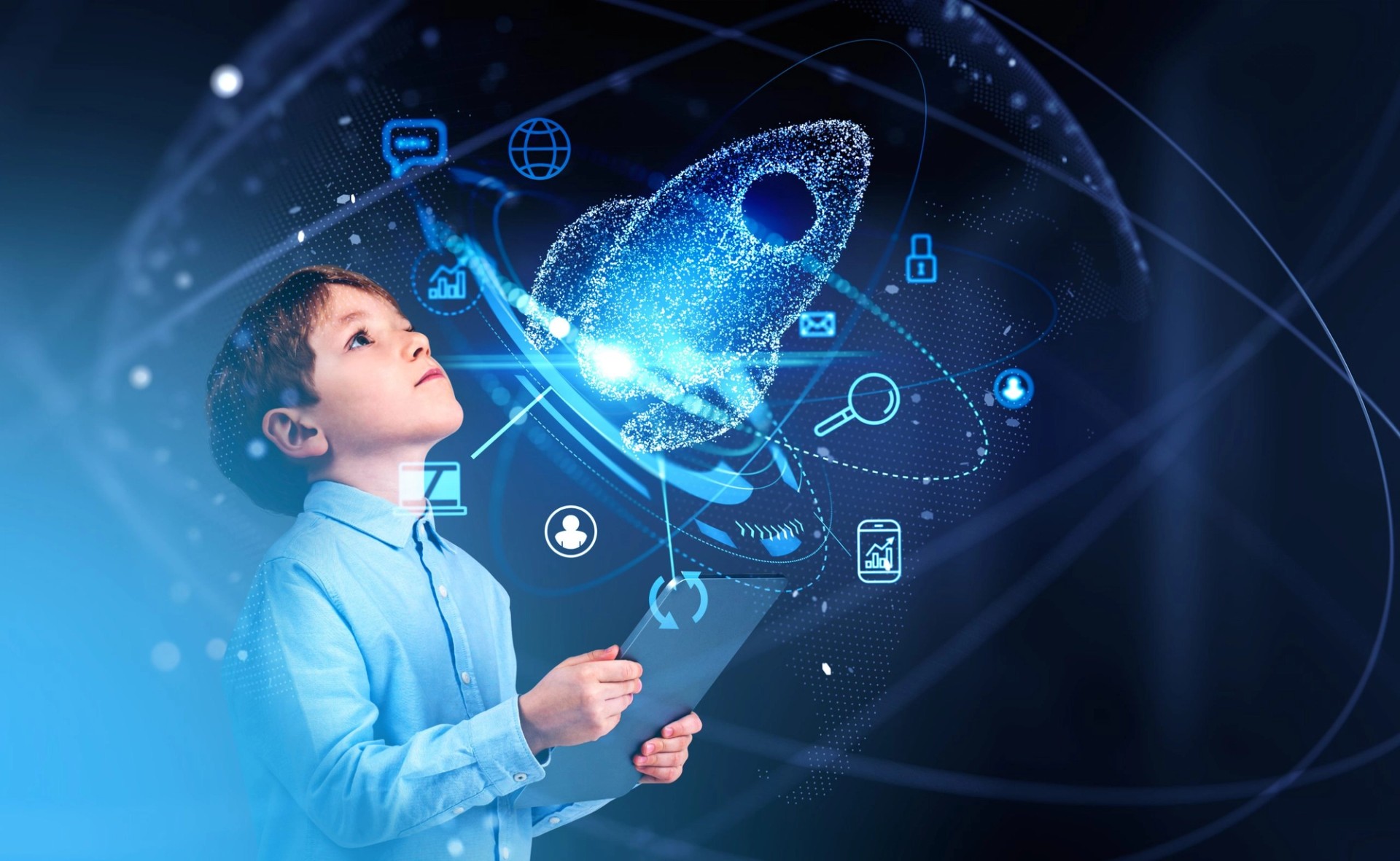 Child looking up at a glowing rocket icon surrounded by technology icons