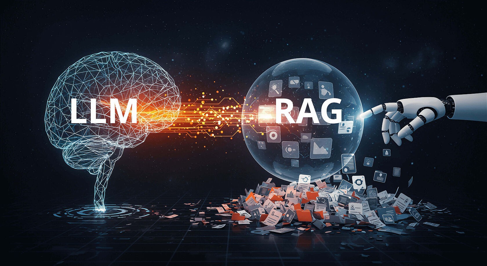 Illustration contrasting an LLM brain hologram with a RAG data sphere