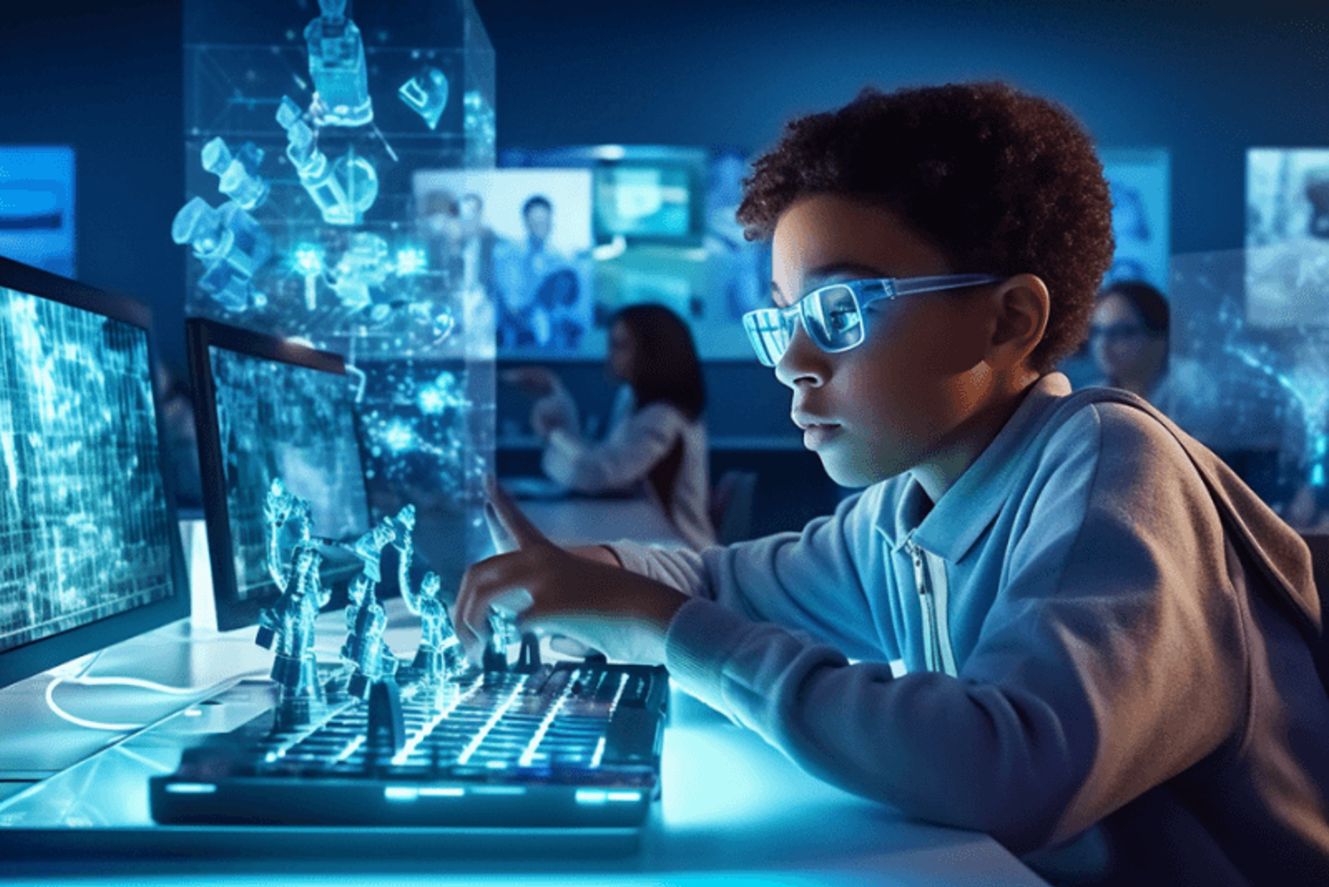 Child using a tablet with AI robot icons and classroom screens in the background