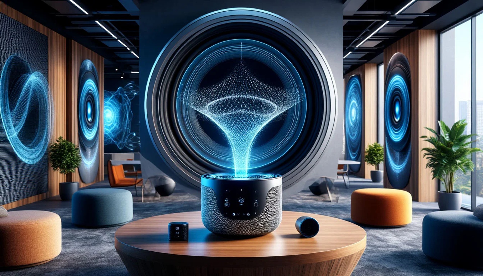 Futuristic smart speaker device in a modern lounge setting