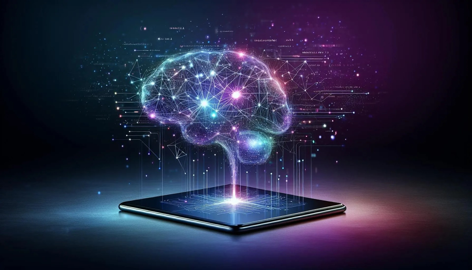 AI brain hologram projecting above a digital tablet
