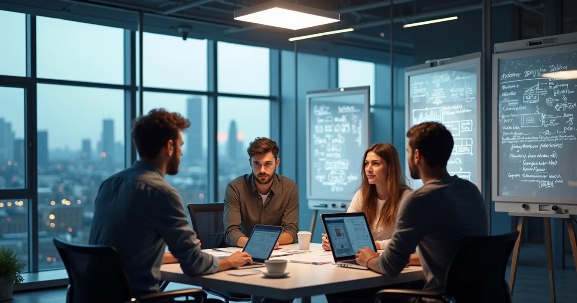 AI engineering team collaborating around a table with whiteboards in an office