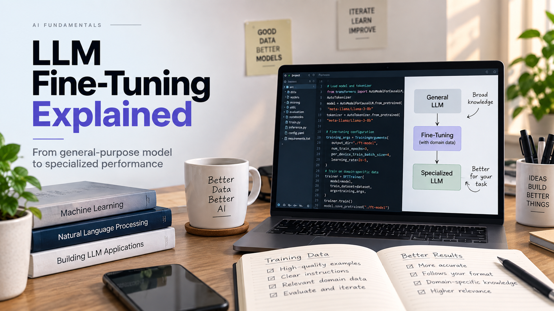 LLM fine-tuning explained with a laptop showing model training, training data, and a general LLM becoming a specialized model.