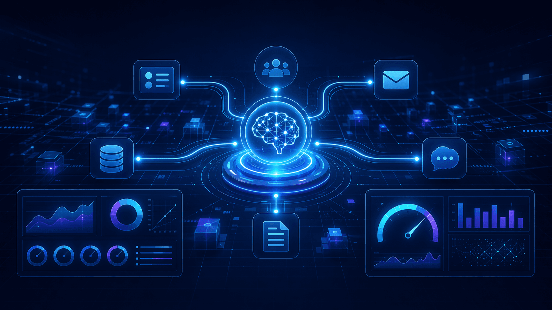 Illustration of an AI brain connected to workflow automation icons and dashboards