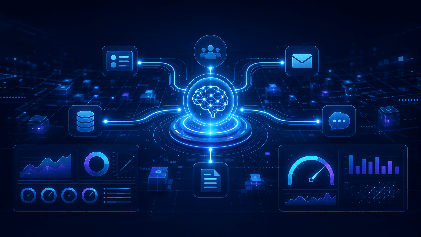 Illustration of an AI brain connected to workflow automation icons and dashboards