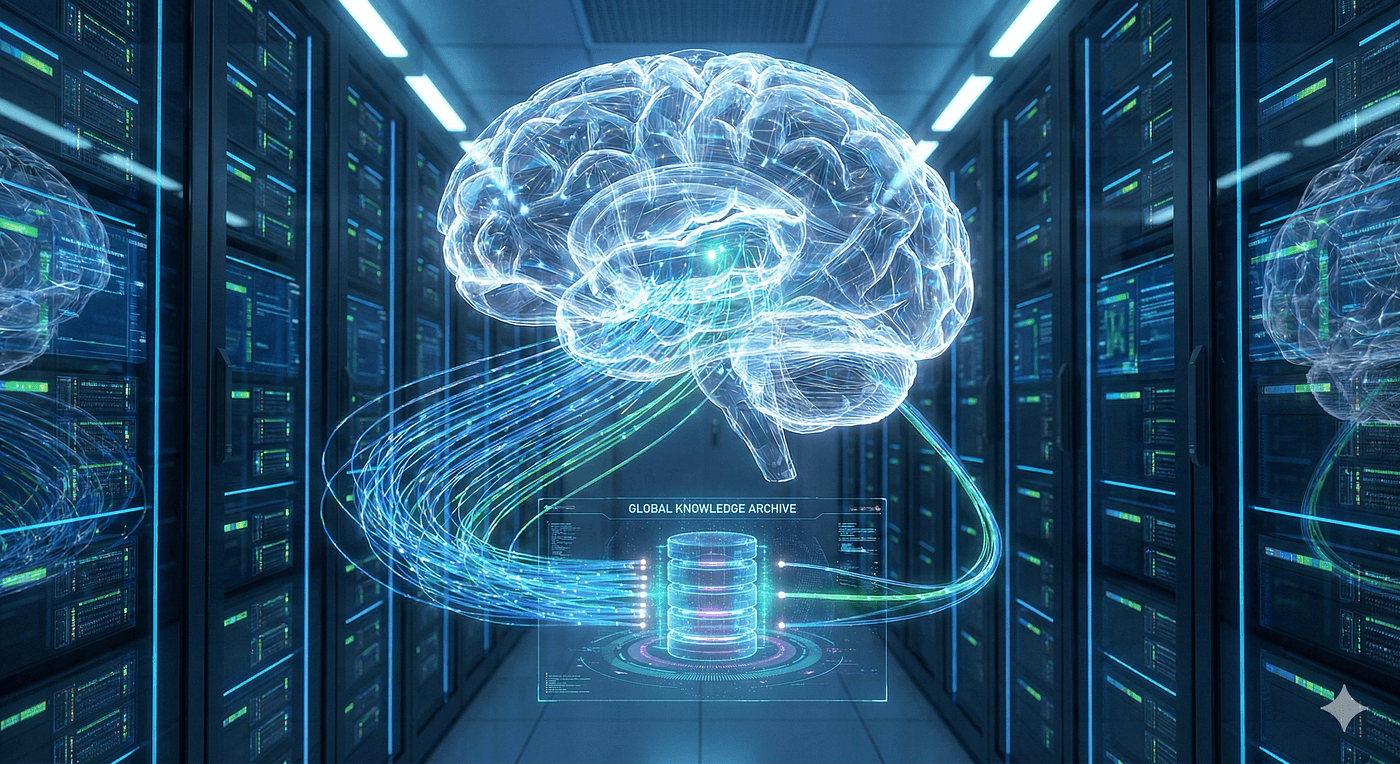 Transparent AI brain connected to a Global Knowledge Archive database in a server room