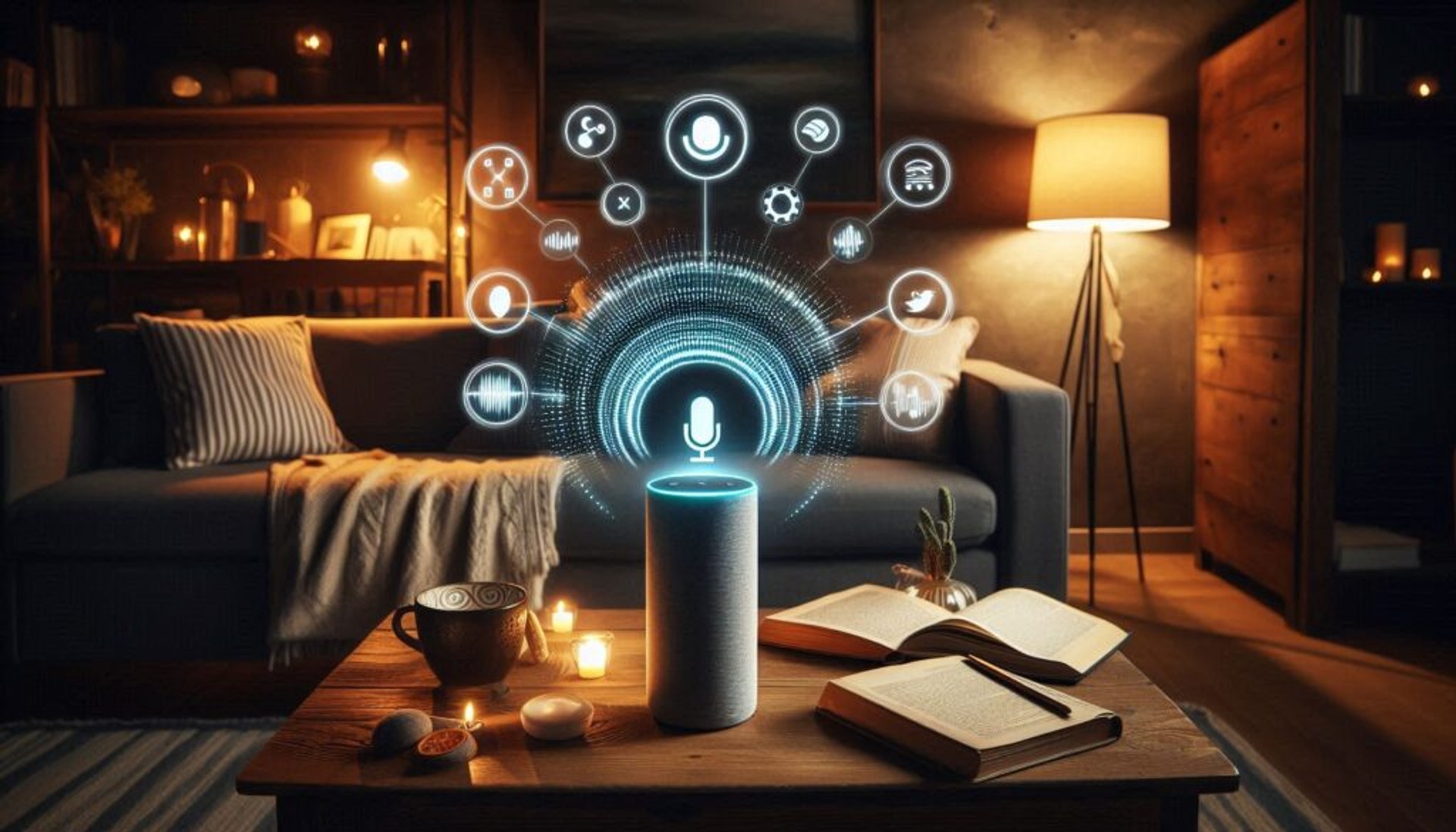 Smart speaker on a coffee table in a cozy living room with a voice assistant icon overlay