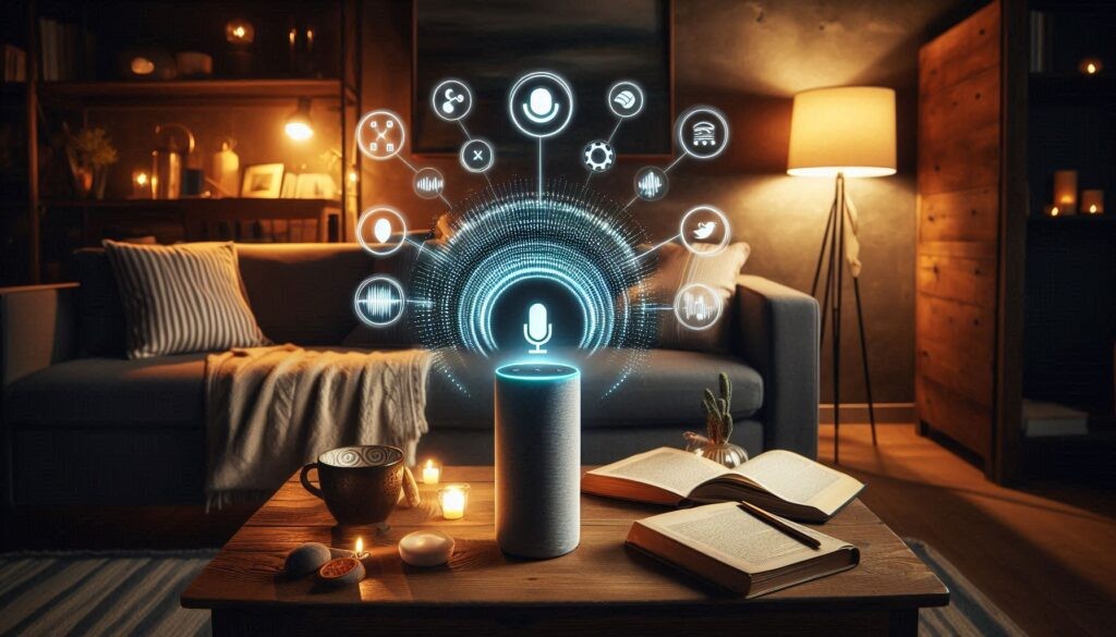 Smart speaker on a coffee table in a cozy living room with a voice assistant icon overlay