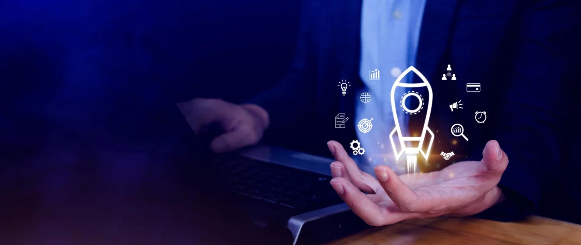 Businessman holding a glowing rocket icon surrounded by startup growth icons
