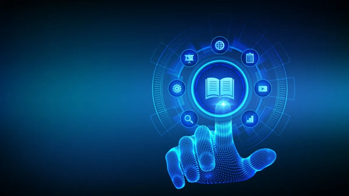 Hand touching a glowing icon of a book surrounded by education and analytics icons