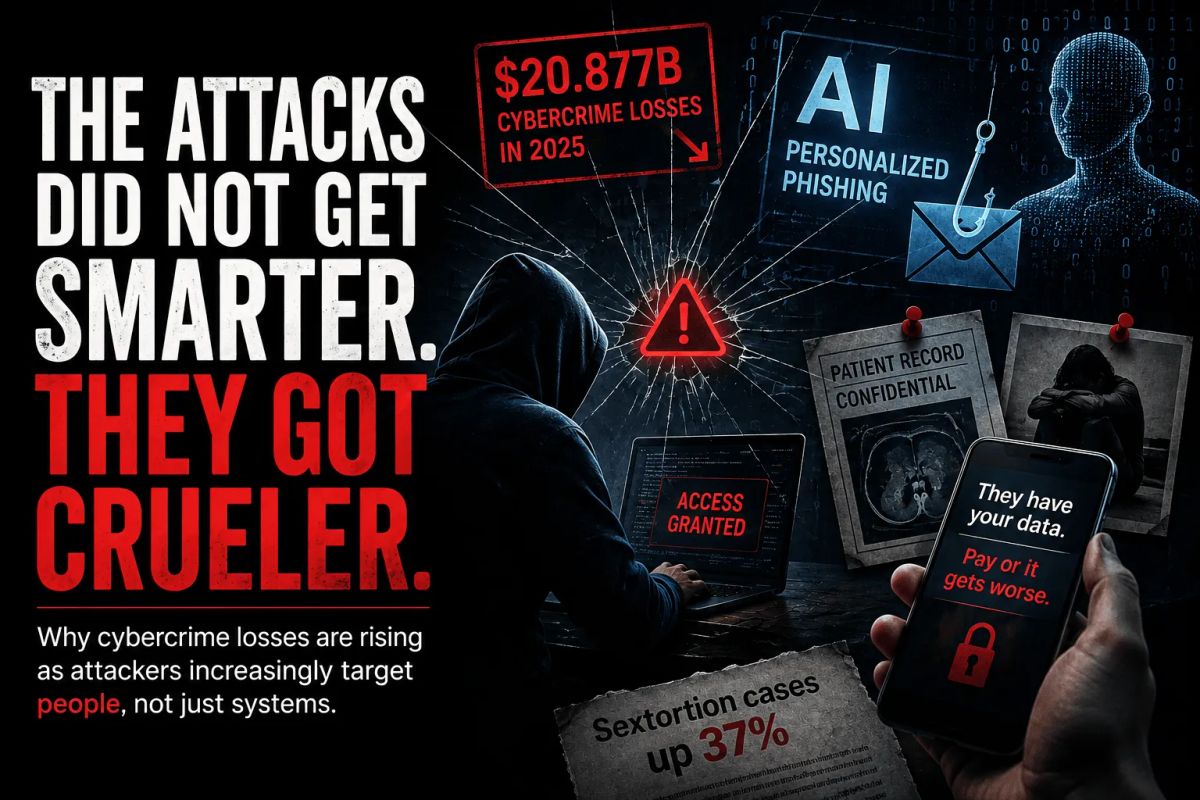 Cybersecurity illustration showing a cybercriminal, AI phishing, stolen personal data, sextortion, and rising cybercrime losses, illustrating how attacks increasingly target people.
