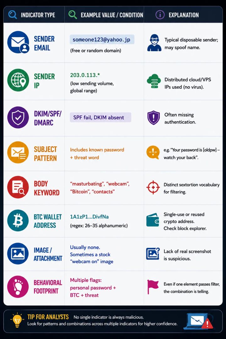 Table of sextortion indicators for SOC analysts, from sender email, IP and SPF/DKIM results to password-bearing subjects and Bitcoin wallets, noting that combinations matter most