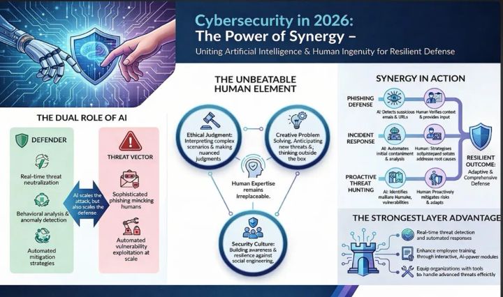 “Cybersecurity in 2026: The Power of Synergy” infographic on AI as both defender and threat, irreplaceable human judgment, and AI and people working together in defense