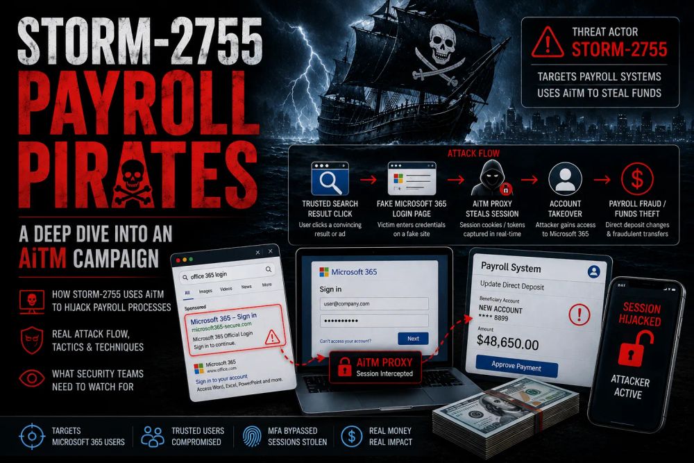 STORM-2755 Payroll Pirates AiTM campaign showing phishing, session hijacking, account takeover, and payroll fraud.