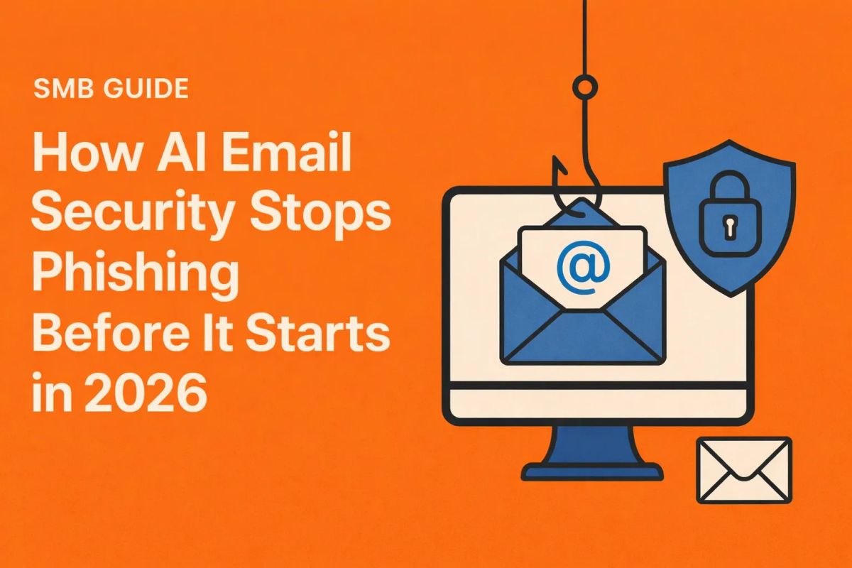 A digital illustration of a computer screen displaying an envelope caught by a phishing hook, with a blue shield and padlock symbolizing email security. The title 'How AI Email Security Stops Phishing Before It Starts in 2026' is prominently displayed in b