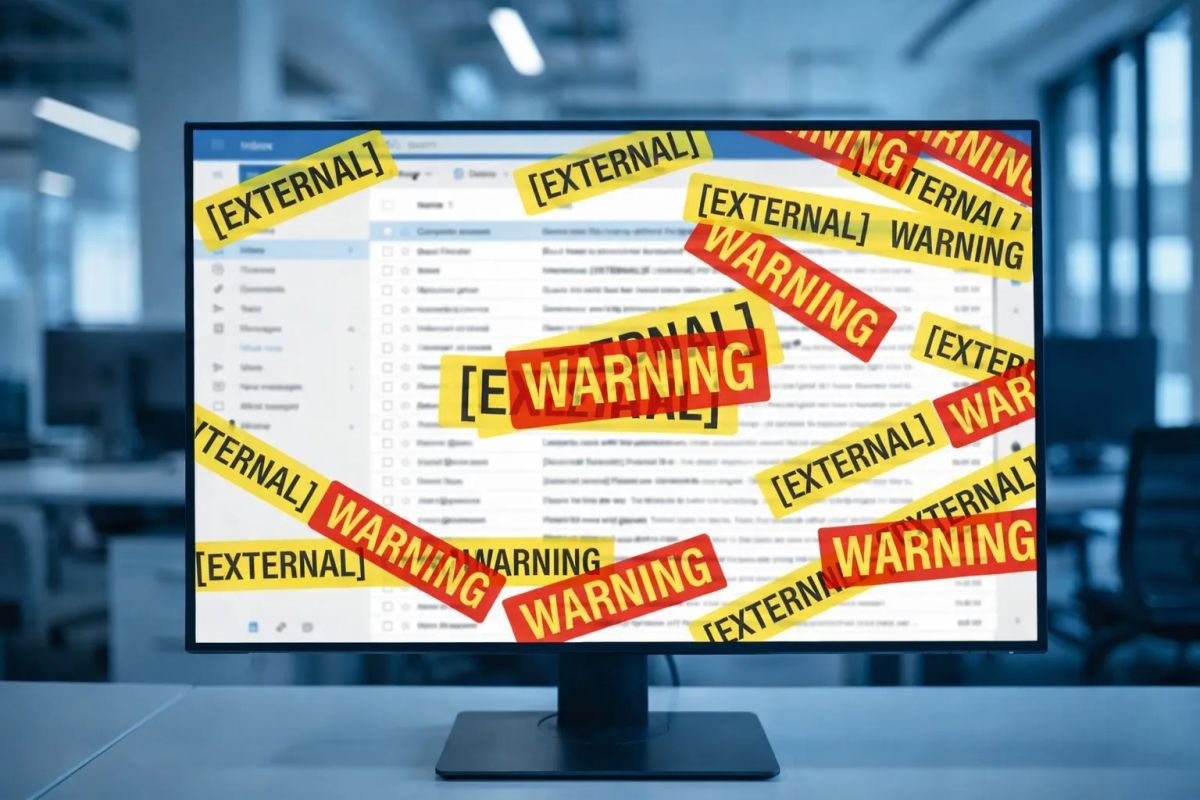A computer monitor in a corporate office completely obscured by excessive yellow '[EXTERNAL]' and red 'WARNING' email security banners, illustrating the concept of banner blindness and security alert fatigue.