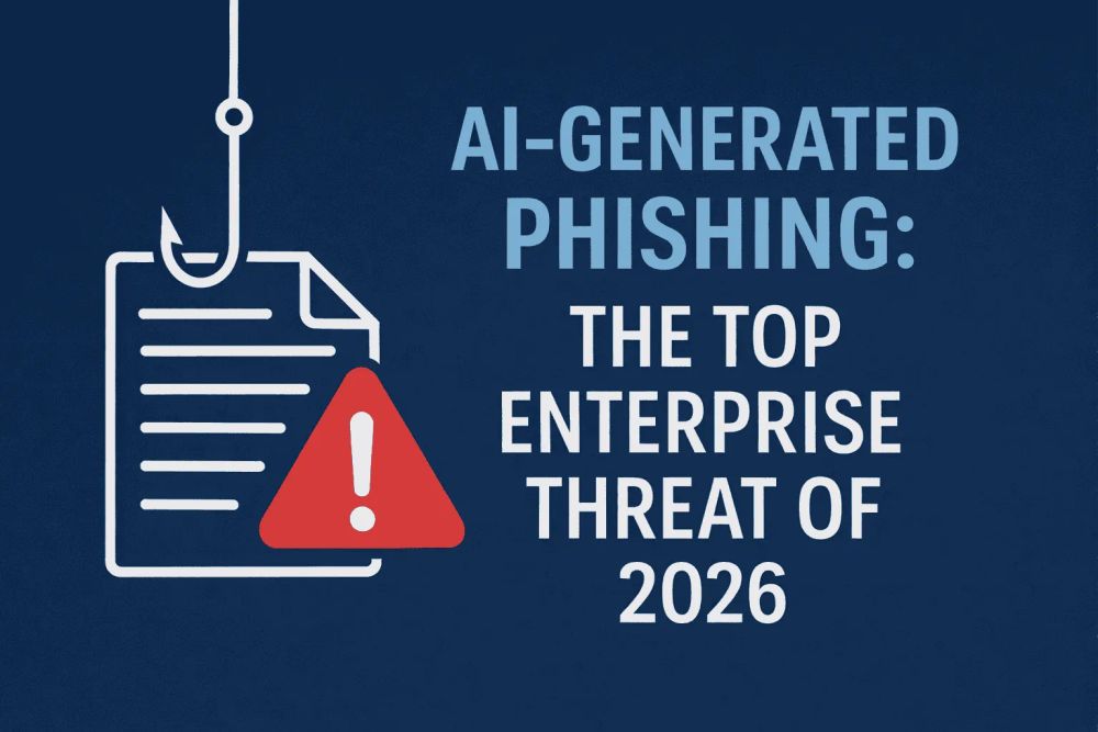 Graphic titled "AI-Generated Phishing: The Top Enterprise Threat of 2026" featuring a document with a red warning triangle being caught by a fish hook.