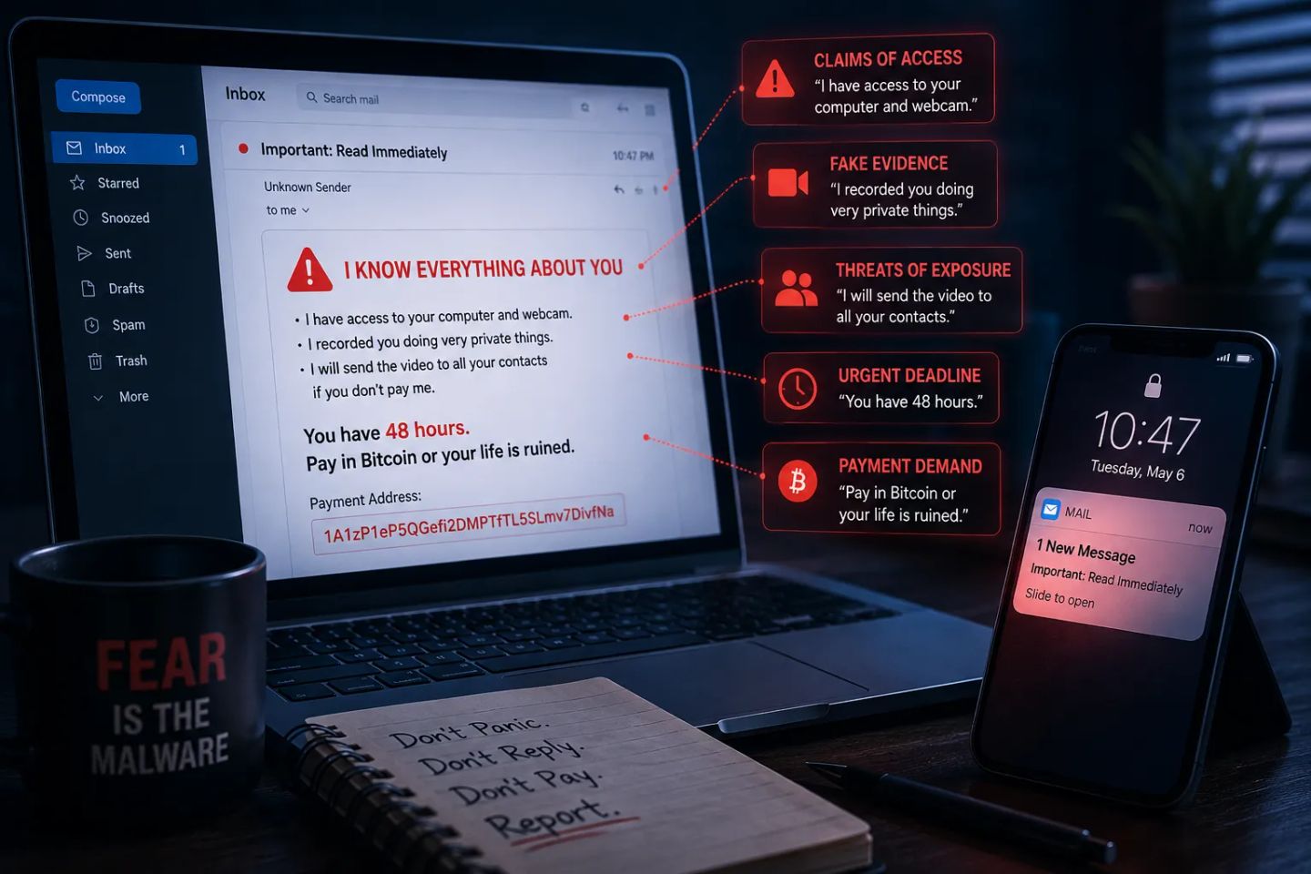 Sextortion email on a laptop annotated with its pressure tactics: claims of webcam access, fake evidence, threats of exposure, a 48-hour deadline and a Bitcoin payment demand