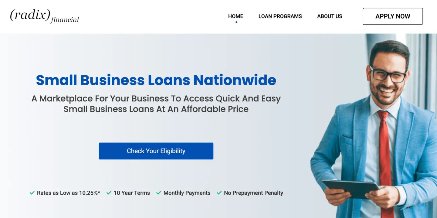 Radix Financial homepage offering “Small Business Loans Nationwide”, the first of two near-identical screenshots comparing the real site with its AI-built phishing replica