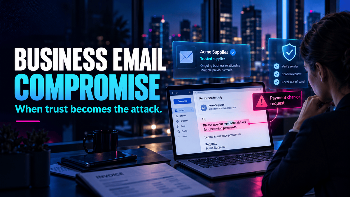 Cinematic StrongestLayer blog hero image about Business Email Compromise (BEC), showing a finance professional reviewing a suspicious supplier email on a laptop with a highlighted payment-change request and verification prompts, alongside the headline “Business Email Compromise: When trust becomes the attack.”
