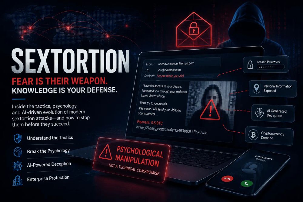 Dark-themed cybersecurity illustration of a sextortion email attack showing a malicious ransom message, leaked password, AI-generated deception, cryptocurrency demand, and psychological manipulation targeting email users.