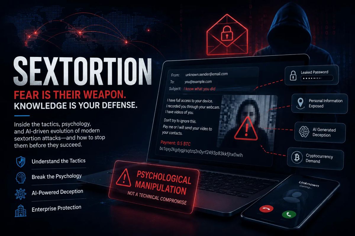 Dark-themed cybersecurity illustration of a sextortion email attack showing a malicious ransom message, leaked password, AI-generated deception, cryptocurrency demand, and psychological manipulation targeting email users.