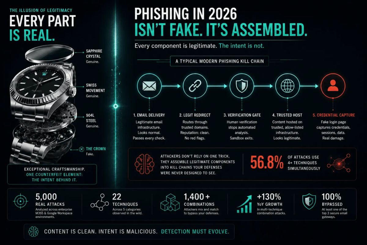 “Phishing in 2026 Isn’t Fake. It’s Assembled.” showing how modern phishing attacks combine legitimate infrastructure, trusted redirects, verification gates, and clean hosting into multi-stage attack chains that bypass traditional email security.