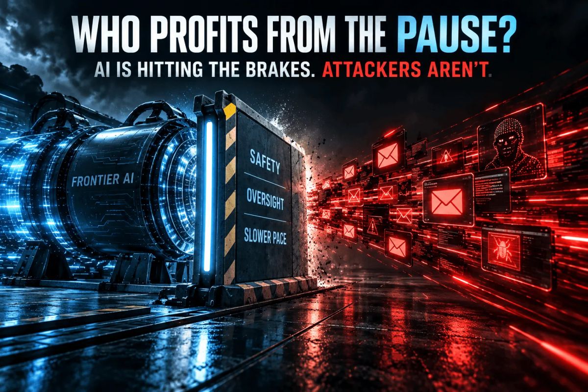 AI slowdown concept showing frontier AI being slowed by safety oversight while cyberattack activity continues through phishing, exploits, and automated attacks.