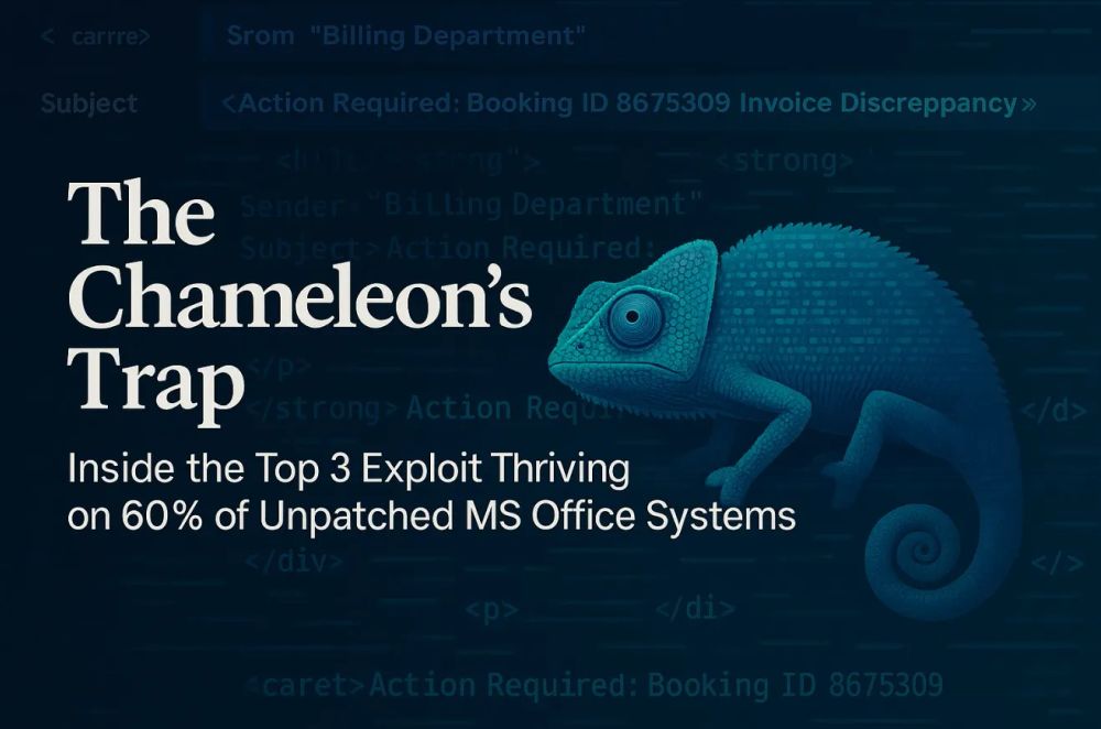 Cover illustration for “The Chameleon's Trap: Inside the Top 3 Exploit Thriving on 60% of Unpatched MS Office Systems”