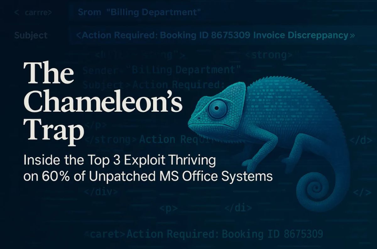 Cover illustration for “The Chameleon's Trap: Inside the Top 3 Exploit Thriving on 60% of Unpatched MS Office Systems”
