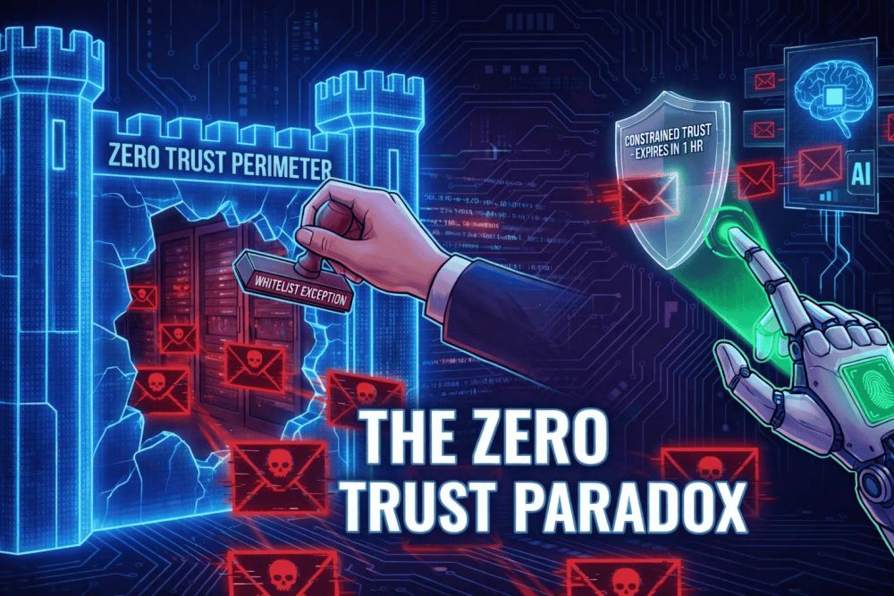 Digital illustration of the Zero Trust Paradox showing a secure cyber defense shield being bypassed by a red beam representing a whitelist exception, visualizing how whitelisting creates vulnerabilities in email security.