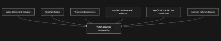 Six false compromise signals, including a leaked password, personal details, a claimed pixel tracker and a network-breach claim, that push the victim to assume they’ve been compromised