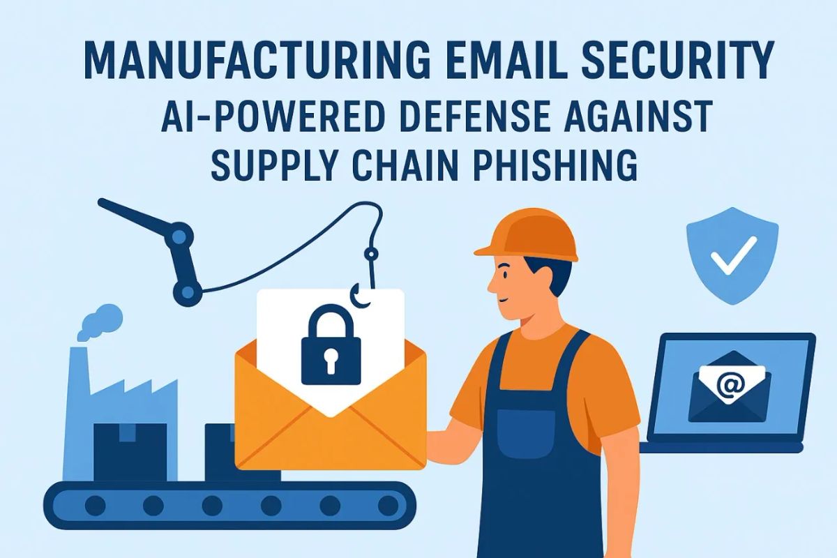 An illustration of a factory worker handling an envelope with a lock symbol, symbolizing secure email protection against supply chain phishing. The worker is assisted by AI-powered tools, represented by a laptop and a shield icon.