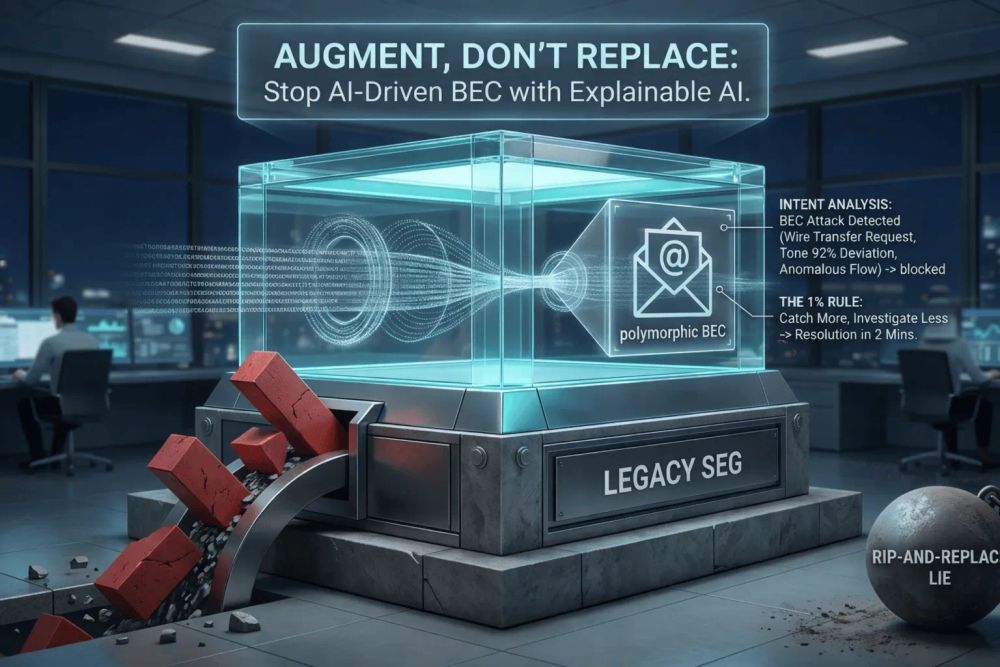 A 3D illustration showing a transparent Explainable AI security layer seamlessly built on top of a solid legacy Secure Email Gateway foundation, demonstrating why augmenting is better than ripping and replacing.
