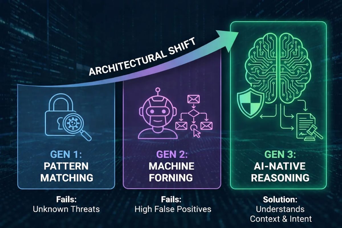 Abstract 3D illustration of the 'Three Axes' cybersecurity framework; three vibrant neon laser beams (cyan, magenta, green) intersecting in a dark void to form a solid, glowing triangular core, representing the strength of Completeness, Accuracy, and Speed