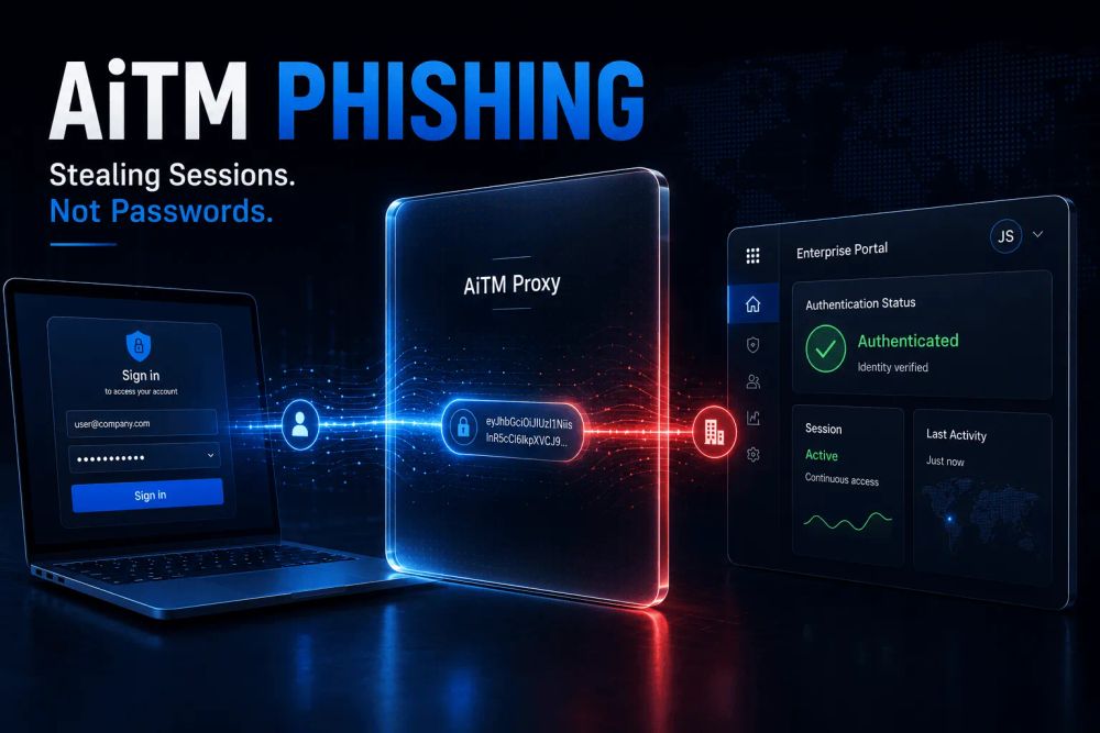 AiTM phishing attack illustrating session token theft through a transparent proxy that bypasses MFA and grants unauthorized enterprise access.