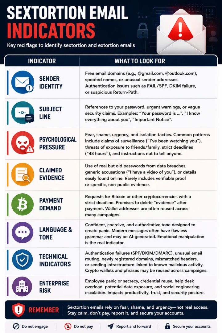 “Sextortion Email Indicators” chart of eight red flags, from sender identity and password-quoting subject lines to Bitcoin payment demands, authentication failures and enterprise risk