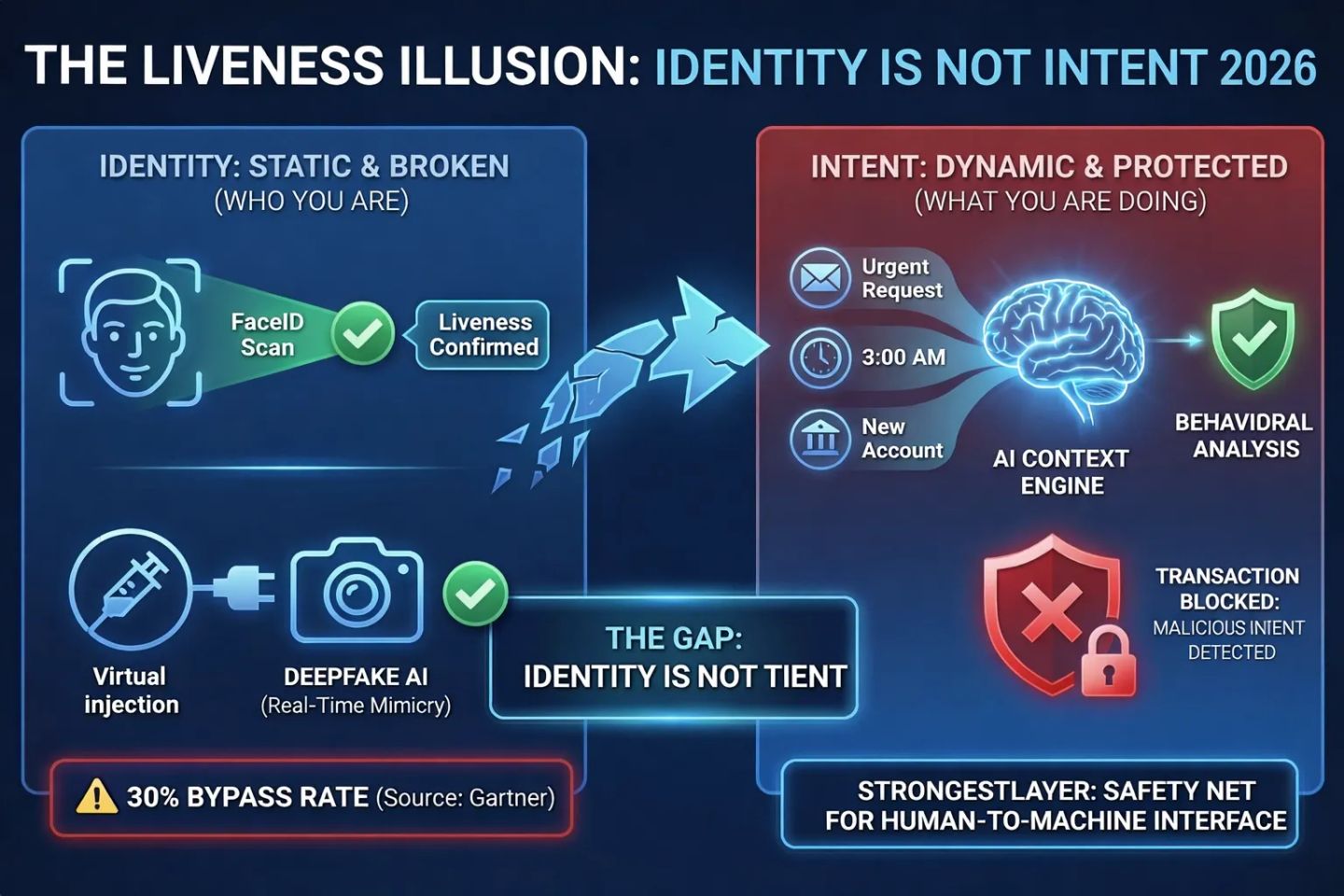 “The Liveness Illusion” graphic: deepfakes and virtual injection pass biometric liveness checks, while intent analysis of an urgent 3:00 AM request blocks the malicious transaction
