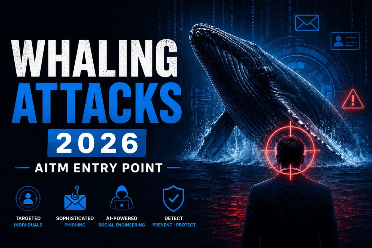 Whaling attacks in 2026 featuring an executive targeted by an AI-powered Adversary-in-the-Middle (AiTM) phishing attack with a giant whale symbolizing executive-focused cyber threats.