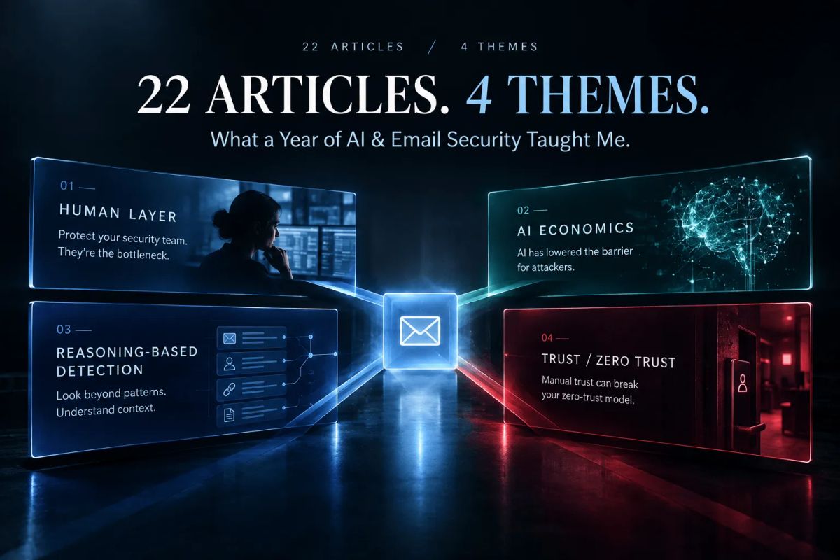 Cover illustration for “Twenty-Two Articles, Four Themes: What a Year of Writing About AI and Email Security Taught Me”
