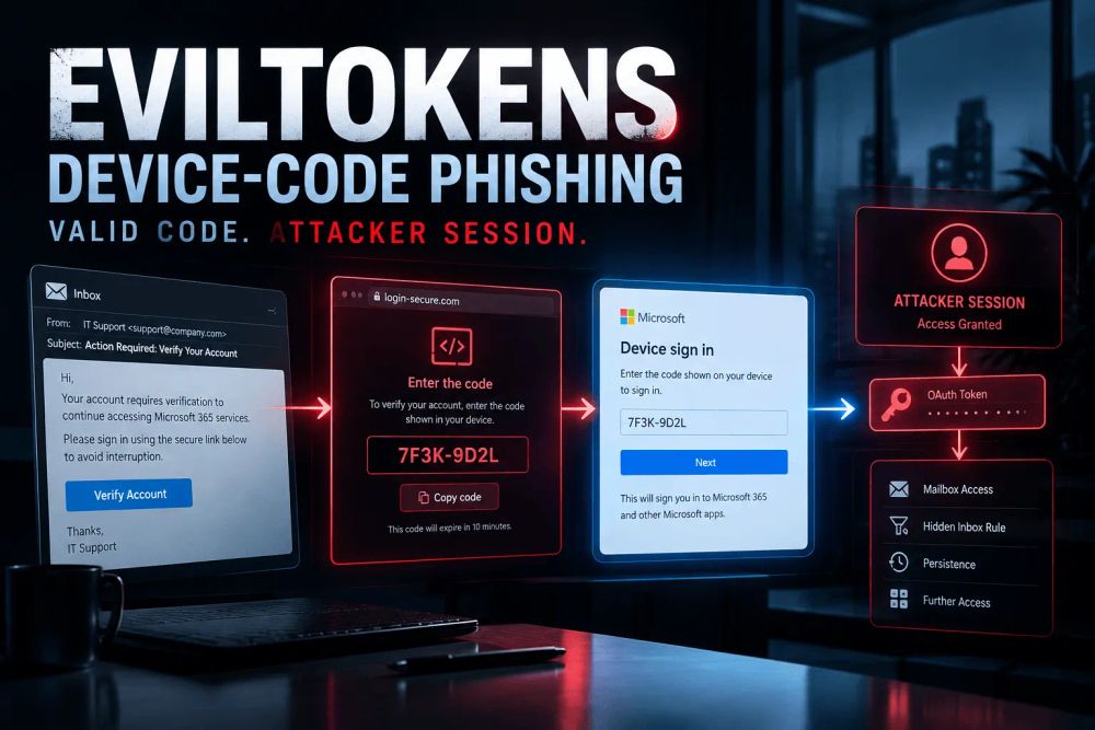 EvilTokens device-code phishing attack showing a fake verification email leading to a malicious device-code page, Microsoft sign-in, attacker session, OAuth token access, and mailbox compromise.