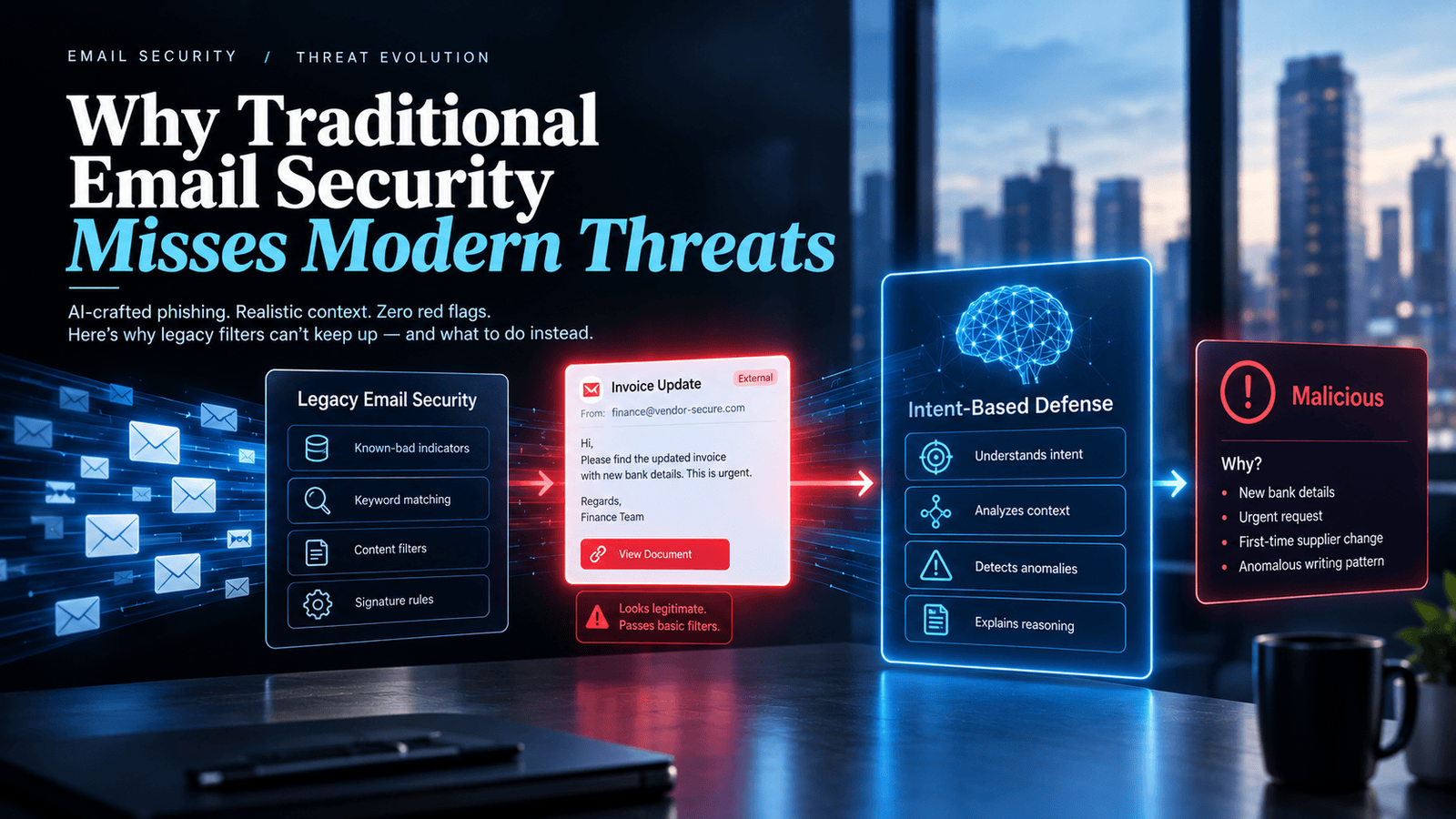 Illustration comparing traditional email security filters with AI-powered intent-based detection, showing a convincing invoice-change phishing email flagged for suspicious bank details, urgency, and unusual context.