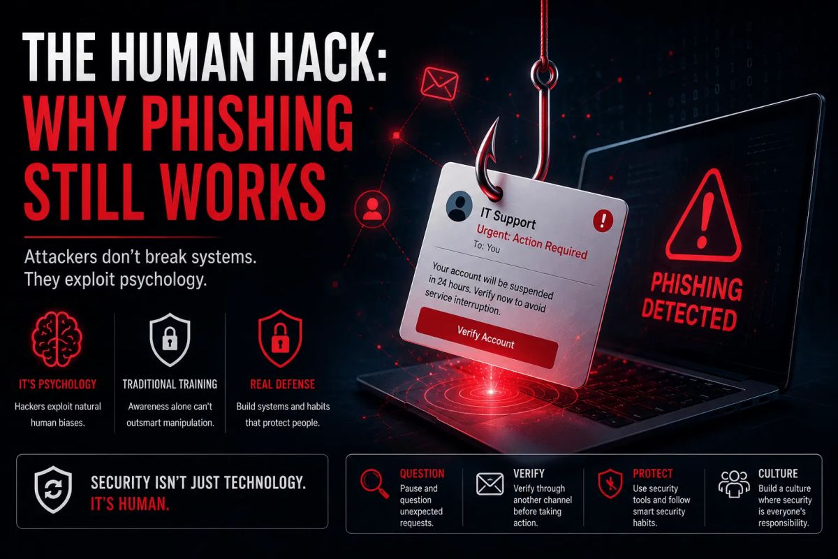 Cybersecurity feature image depicting a large phishing hook attached to a fraudulent email alert emerging from a laptop. Red warning icons, digital network graphics, and dark blue technology-themed visuals represent social engineering, email phishing.