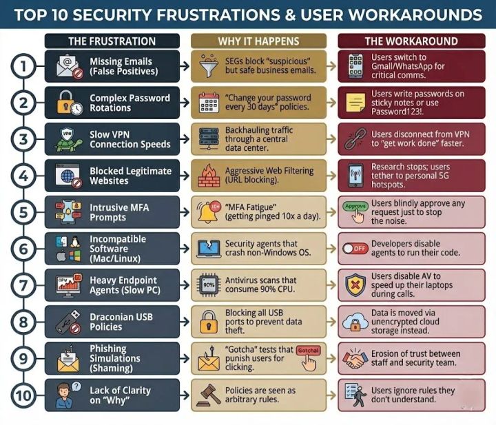 Top 10 security frustrations, why they happen and the risky workarounds they cause, from blocked emails and password rotations to slow VPNs, MFA fatigue and shaming phishing tests